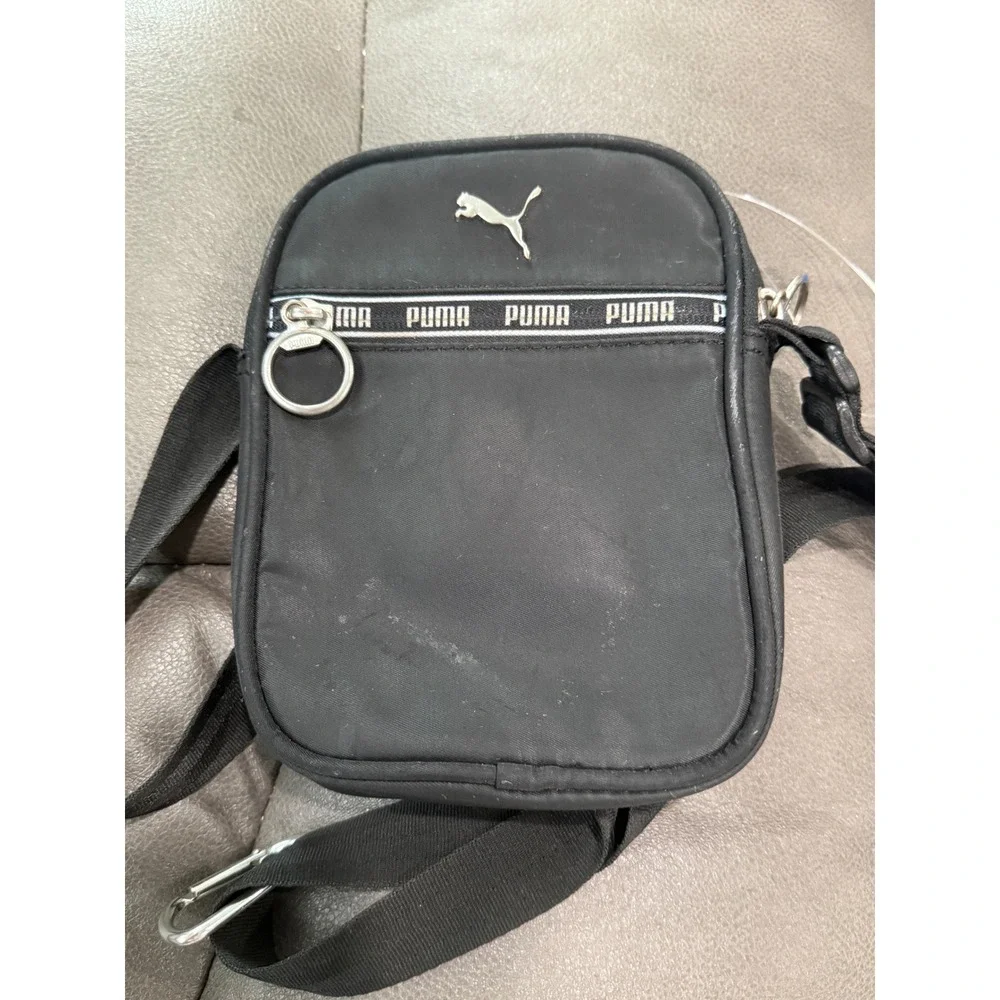 Puma Black Crossbody Bag Small Messenger Travel Pouch Logo Tape Adjustable Strap